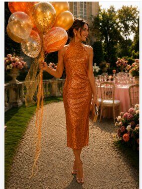 new Caroline Constas  statement Orange High Neck  Sequin midi Dress 0526-11